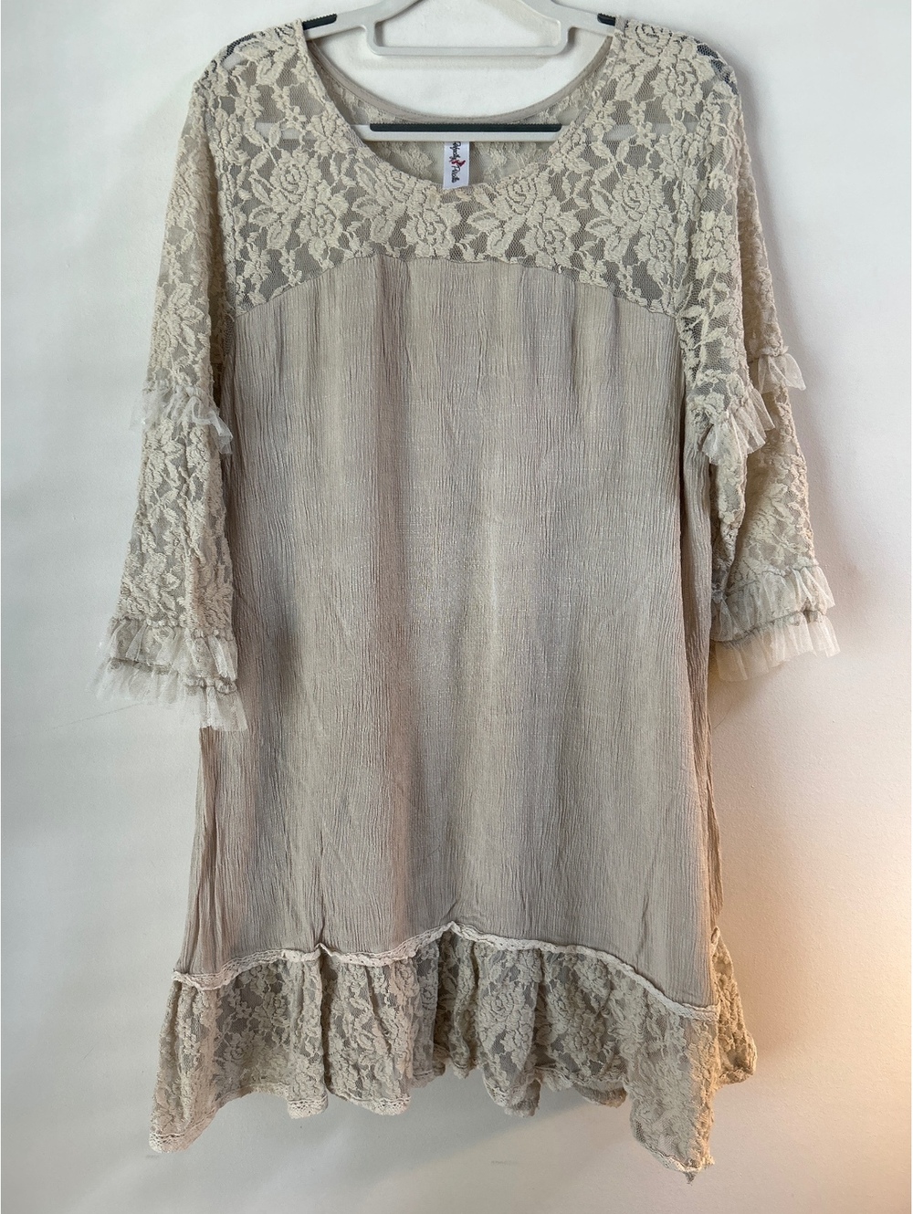 Perfectly Priscilla Beige Boho Lace and Polyester Tunic Dress XL